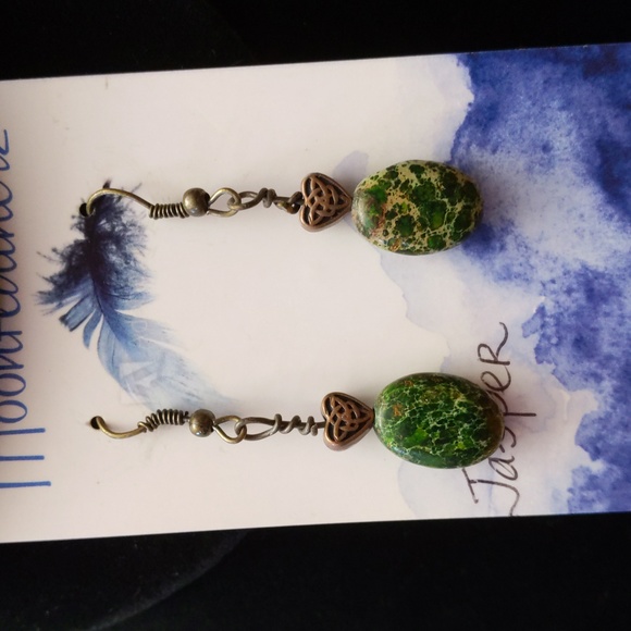 NWOT jasper stone fish hook drop earrings #45 - Picture 2 of 6